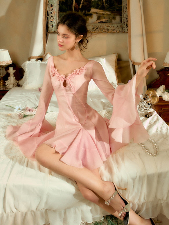 Rosy Flare Sleeve Coquette Dress