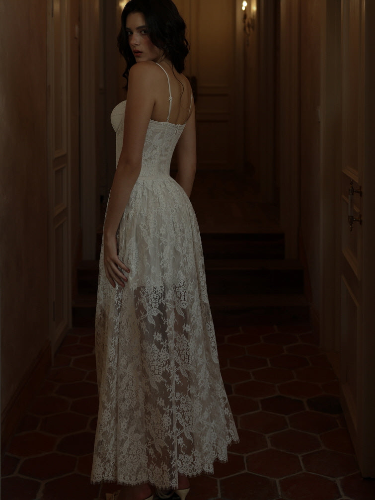 Vintage Floral Ivory Lace Corset Dress