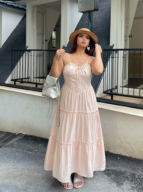 Blush Ribbon-Tie Tiered Dress