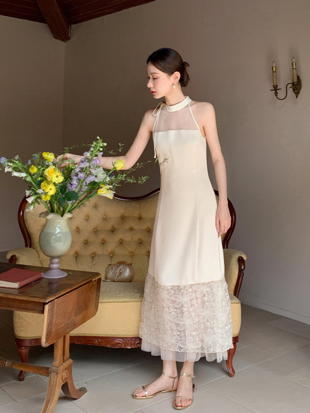 Moonlight Petal Lace Halter Dress