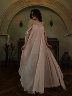 Off-Shoulder Blush Pleated Ribbon Dress