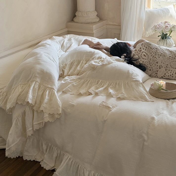 Blush Cream Ruffle Lace Bedding Set