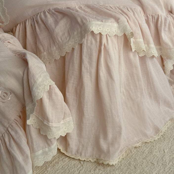 Pink Rose Embroidered Ruffle Bedding Set