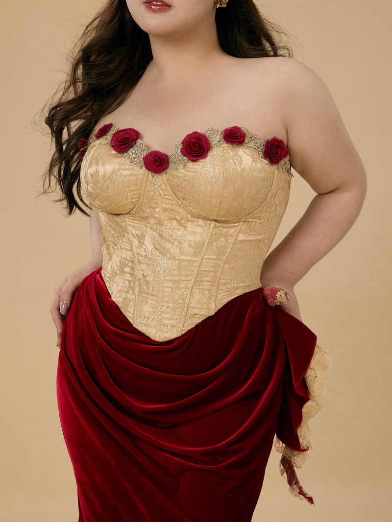 Rose Embellished Gold Corset Velvet Dress