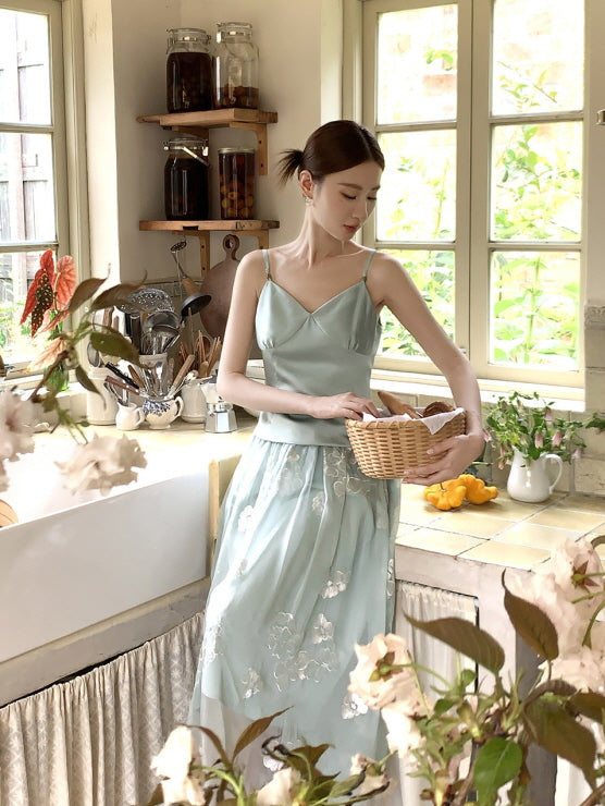 Whispering Petal Satin Top & Embroidered Tulle Skirt