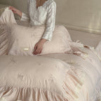 Pink Rose Embroidered Ruffle Bedding Set