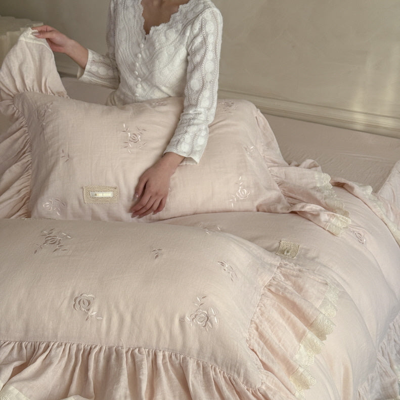 Pink Rose Embroidered Ruffle Bedding Set
