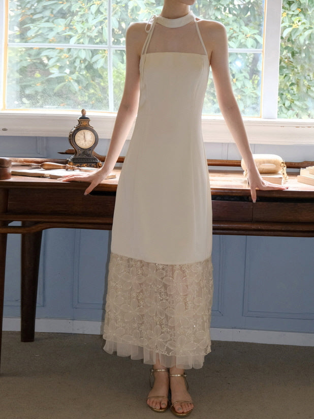 Moonlight Petal Lace Halter Dress