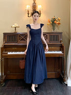 Navy Lace-Up Bodice Dress