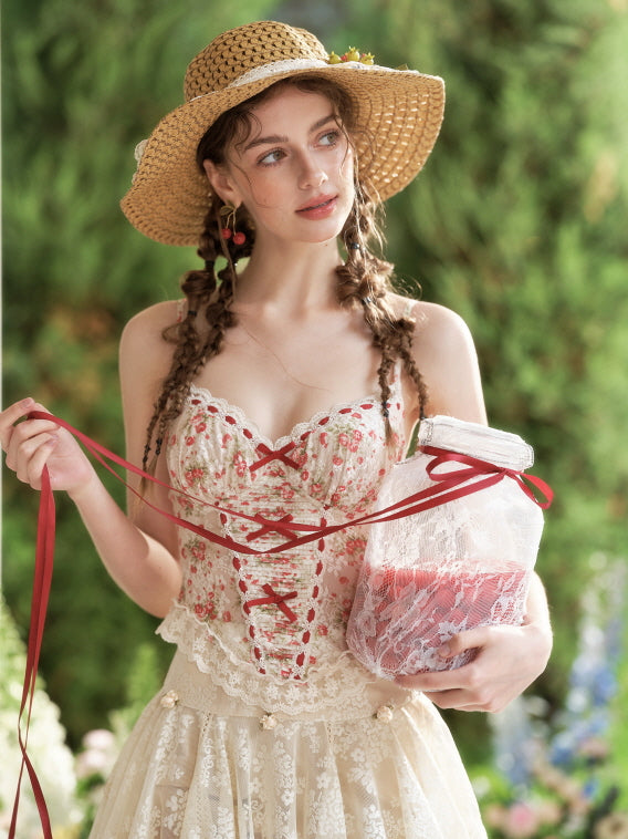 Strawberry Lace Corset & Vintage Cream Skirt