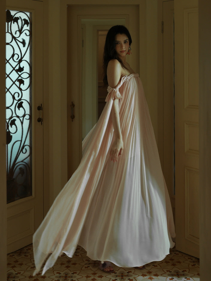 Off-Shoulder Blush Pleated Ribbon Dress