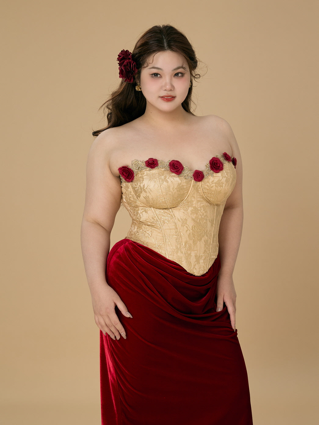 Rose Embellished Gold Corset Velvet Dress