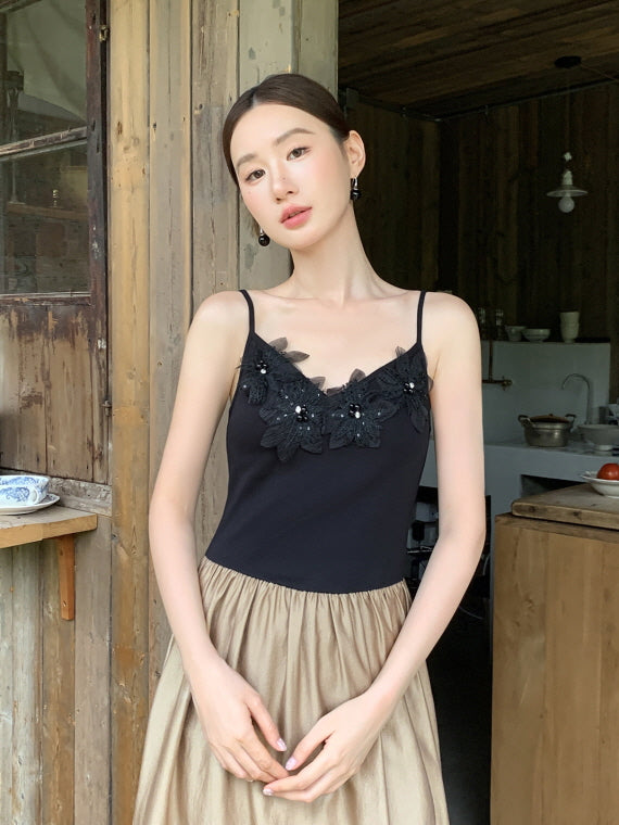 Black Blossom Bodice Two-Tone Dress