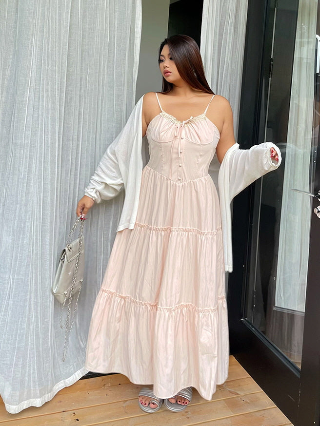Blush Ribbon-Tie Tiered Dress