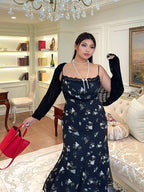 Midnight Bloom Lace Trim Floral Dress