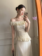 Ivory Ruffle Top & Satin Flare Skirt