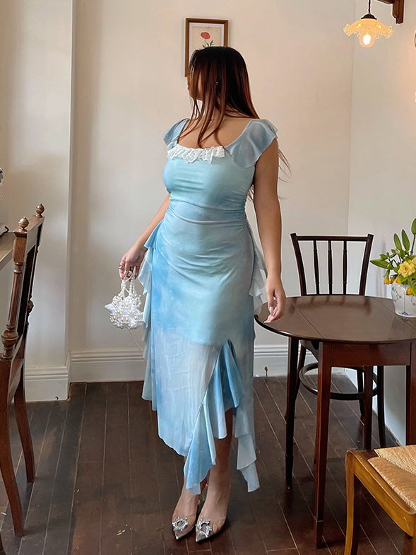 Sky Ruffle Mesh Dress with Bow