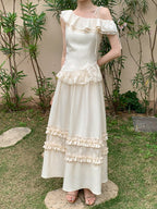 Ivory Ribbon Shoulder Ruffle Top & Skirt