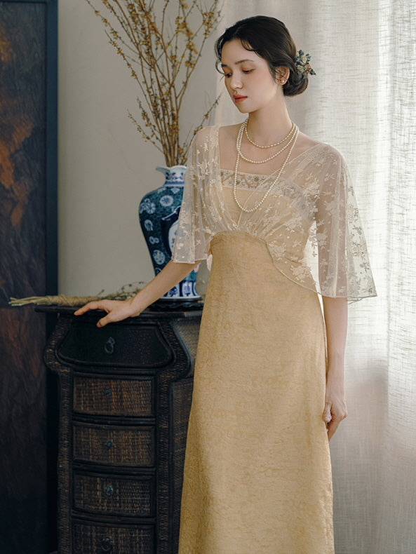 Golden Bloom Lace Overlay Dress