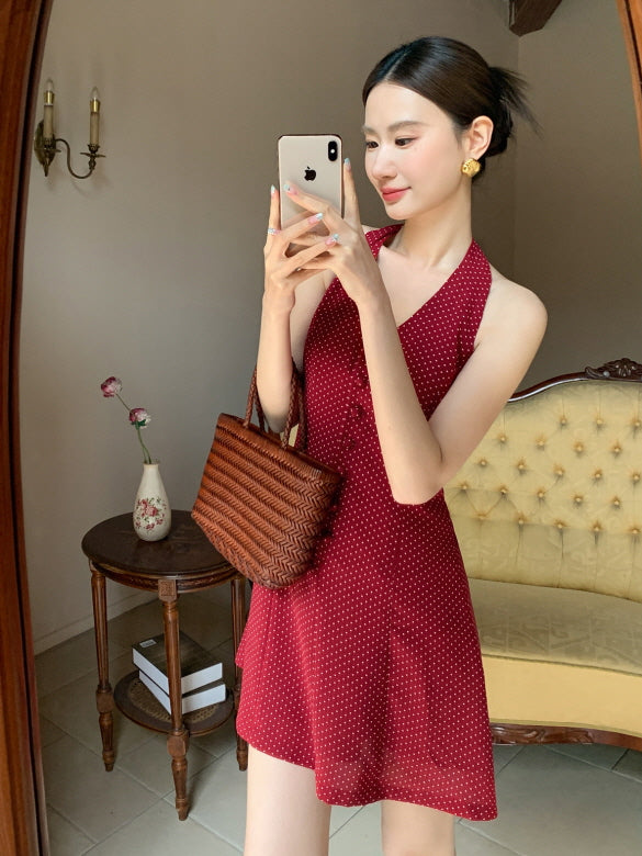 Cherry Ribbon Polka Dot Halter Dress