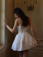 White Ribbon-Shoulder Mini Dress