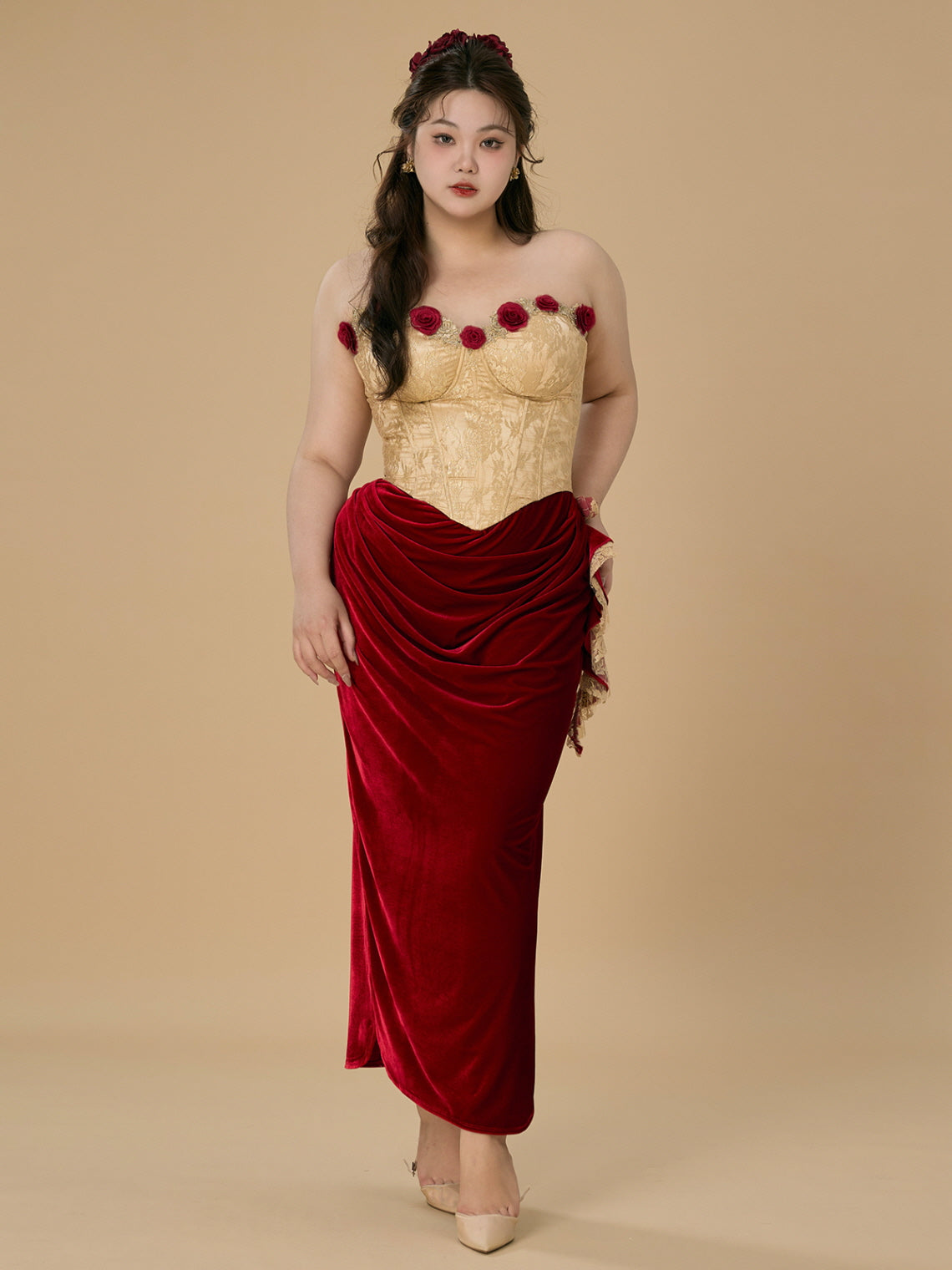 Rose Embellished Gold Corset Velvet Dress