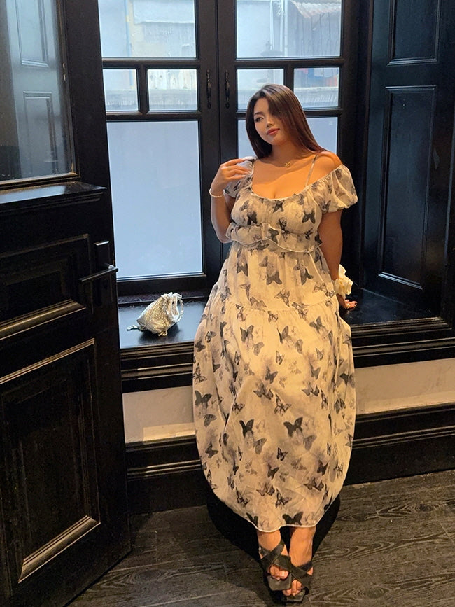 Butterfly Off-Shoulder Chiffon Dress