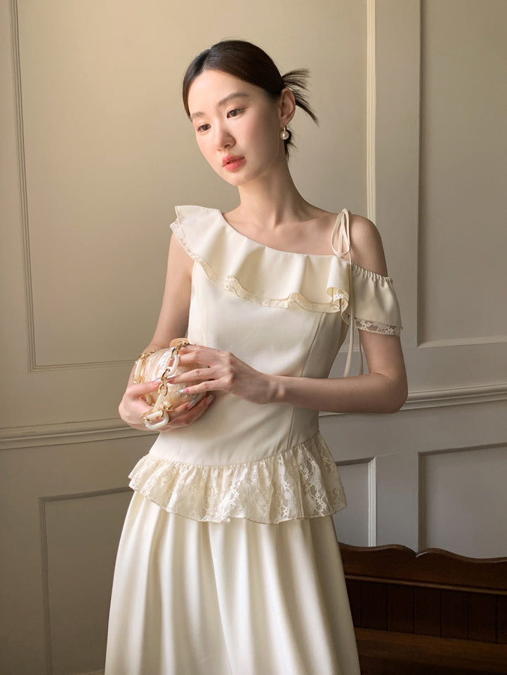 Ivory Ribbon Shoulder Ruffle Top & Skirt