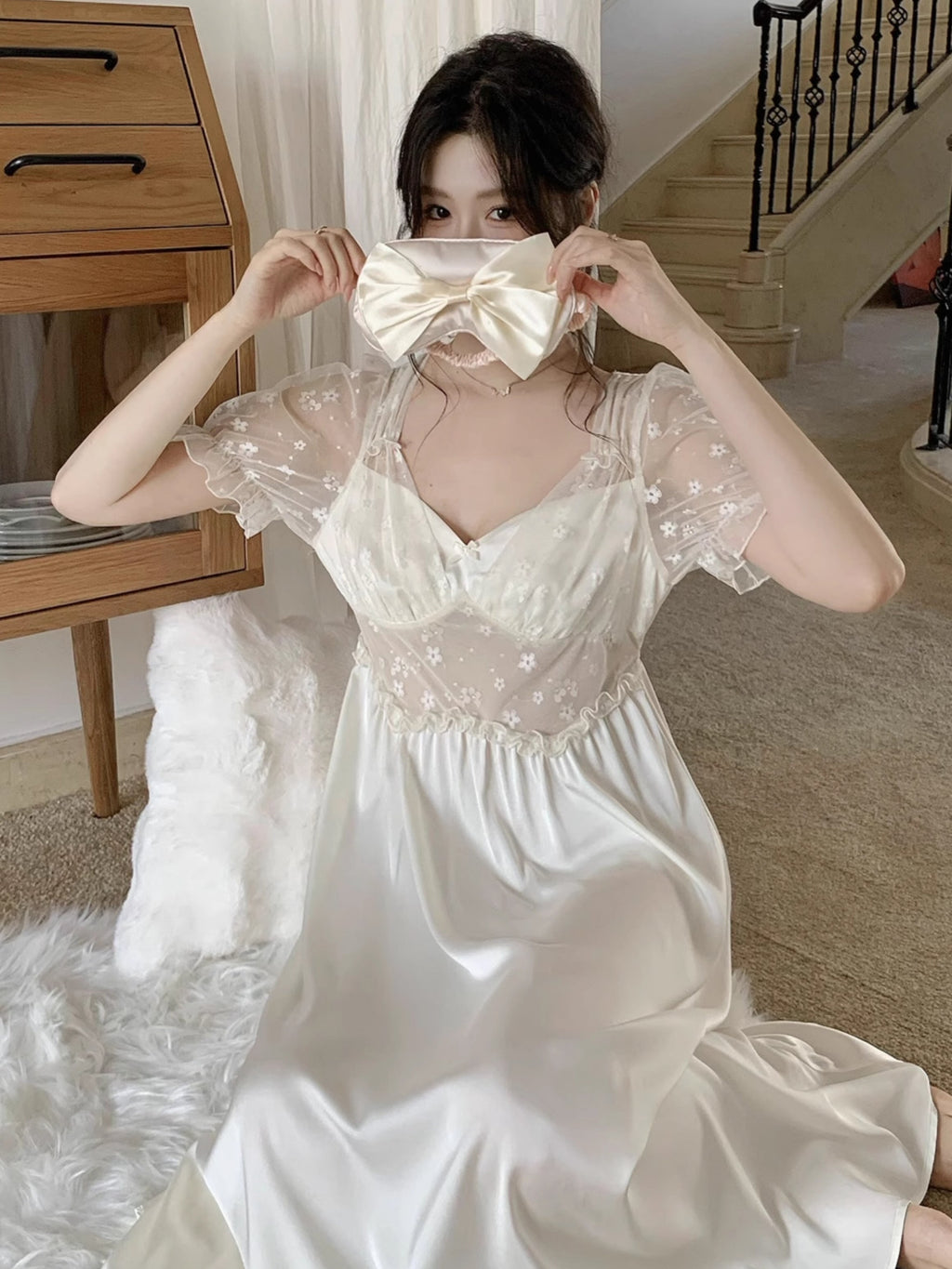 Blush Petal Embroidered Mesh Nightdress