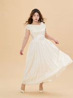 White Satin Glow Plus Size Dress with Ruched Shoulders