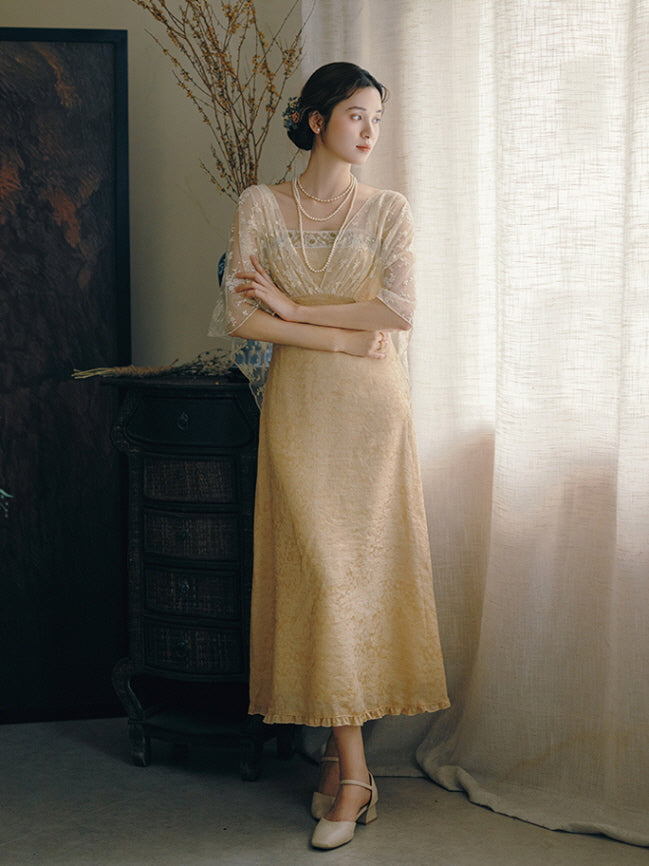 Golden Bloom Lace Overlay Dress