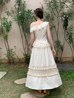 Ivory Ribbon Shoulder Ruffle Top & Skirt