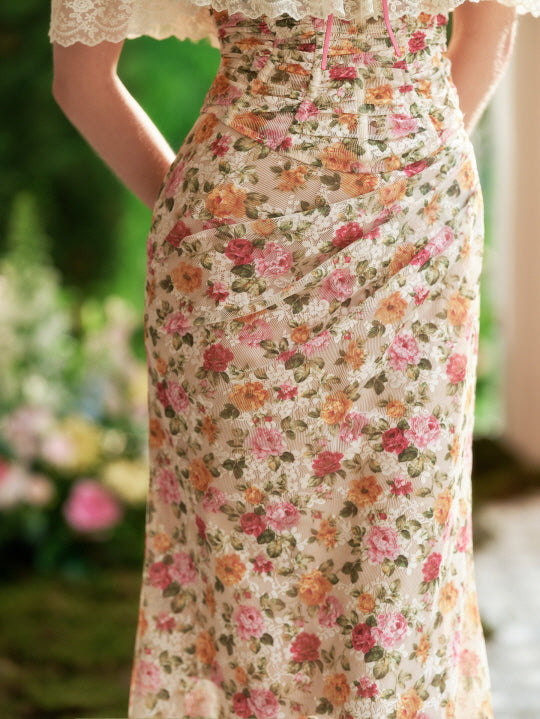 Floral Lace Off-Shoulder Corset Top & Skirt