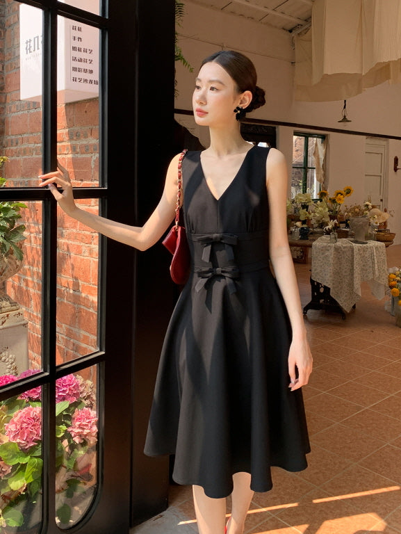 Double Ribbon Waist Classic Flare Dress