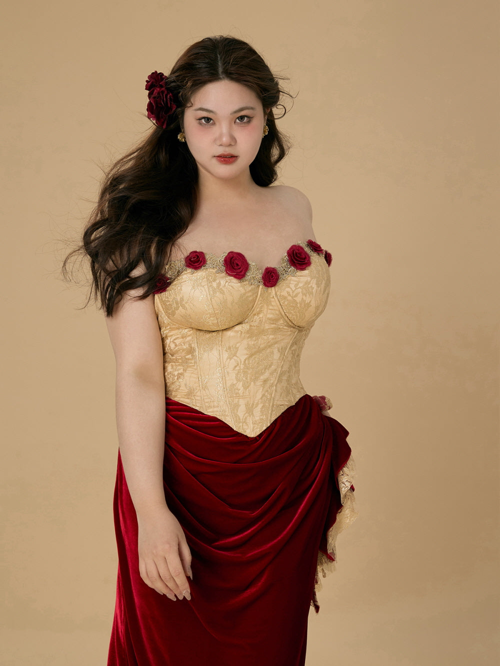 Rose Embellished Gold Corset Velvet Dress