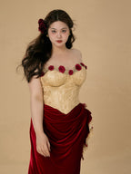 Rose Embellished Gold Corset Velvet Dress