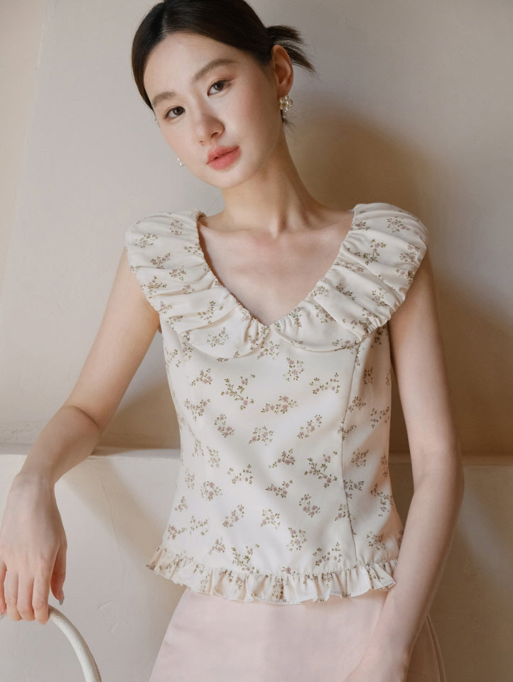 Rose Petal Ruffle Collar Floral Blouse