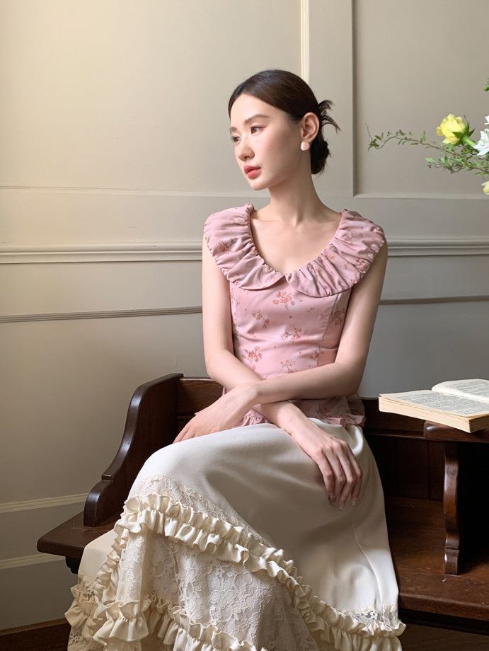Ivory Ribbon Shoulder Ruffle Top & Skirt