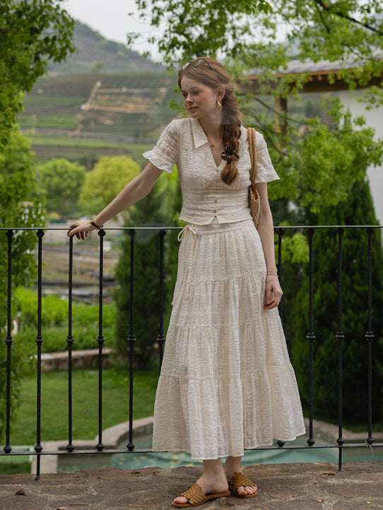 Vintage Textured Cotton Blouse & Skirt
