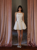 White Ribbon-Shoulder Mini Dress