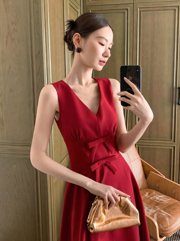 Double Ribbon Waist Classic Flare Dress