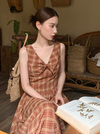 Summer Red Plaid Ribbon Dress