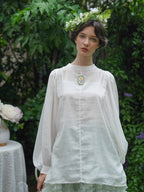 Embroidered Floral Brooch Linen Cotton Blouse