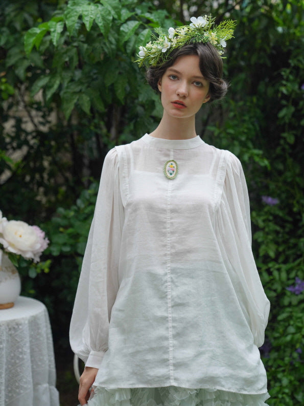 Embroidered Floral Brooch Linen Cotton Blouse