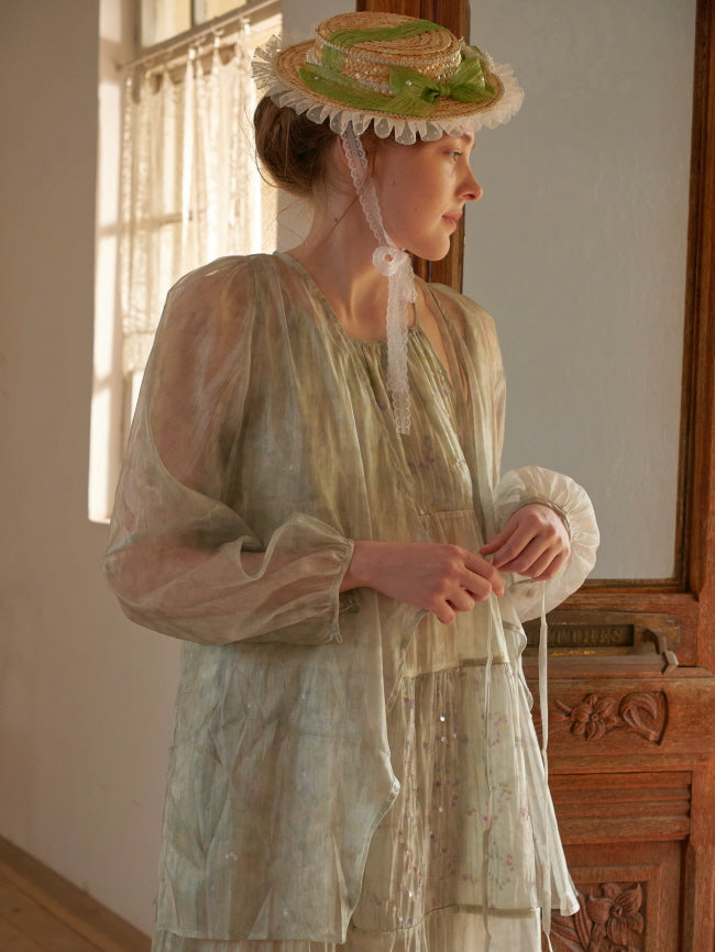Pastel Green Floral Two-Piece Set – Sheer Cardigan & Tiered Dress