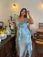 Sky Ruffle Mesh Dress with Bow