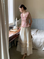 Ivory Ribbon Shoulder Ruffle Top & Skirt
