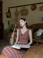 Summer Red Plaid Ribbon Dress