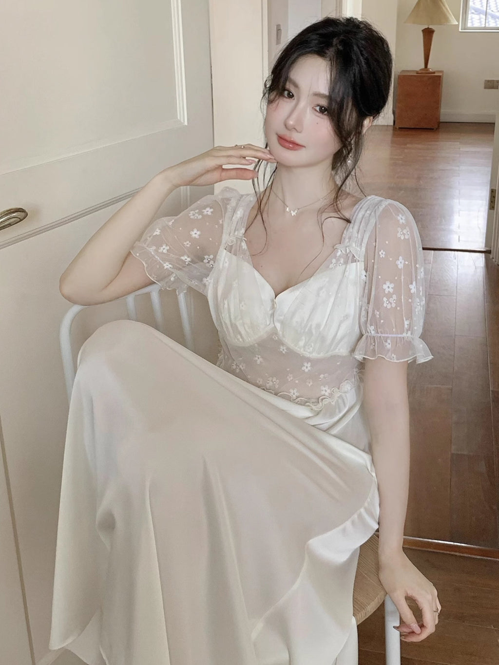Blush Petal Embroidered Mesh Nightdress