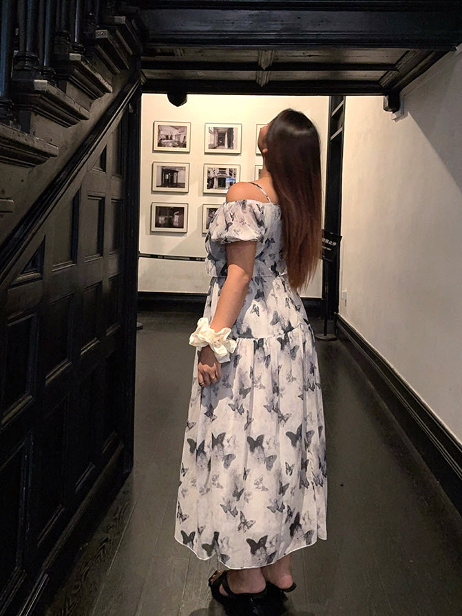Butterfly Off-Shoulder Chiffon Dress